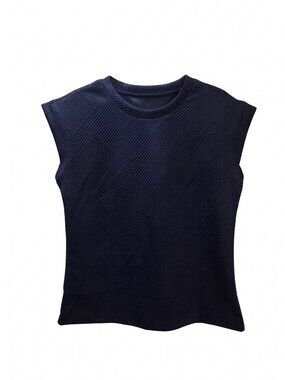 NWOT | Navy Blue Geometric Textured 3D Quilted Cap Sleeve Knit Top | Medium